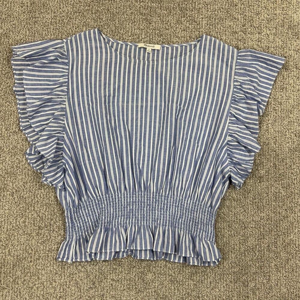 Madewell Top Womens M Blue Stripe Flutter Sleeve Cropped Ruffle Hem Blouse Boho